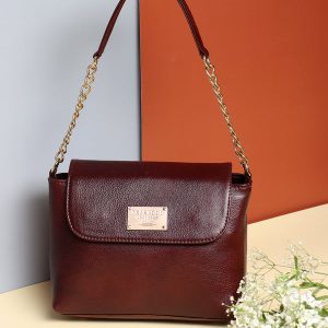 Teakwood Women Maroon Solid Leather Hand Bag with Detatchable Silng Strap