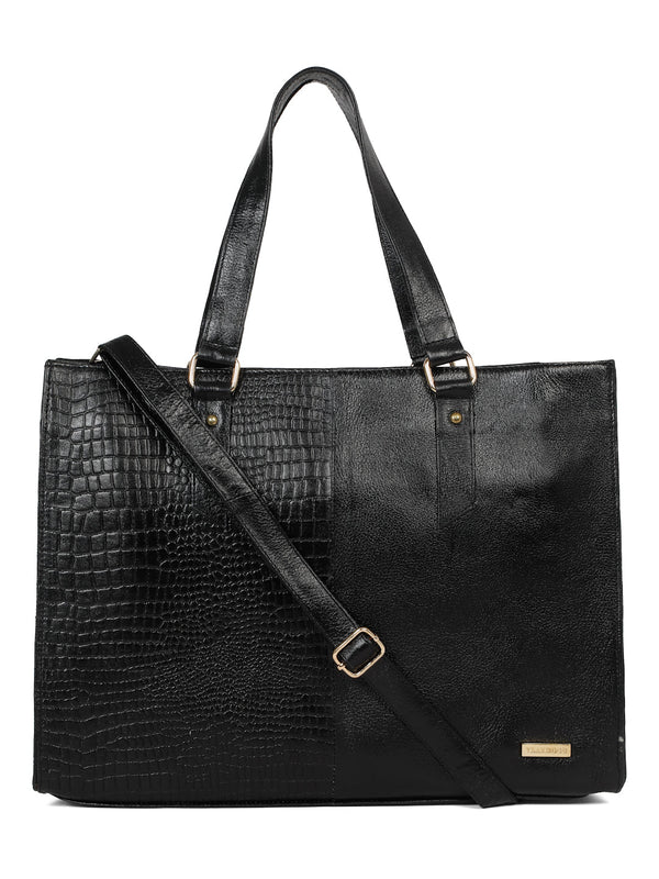 Women's Black Croco & Solid Leather Tote Bag - Image 5