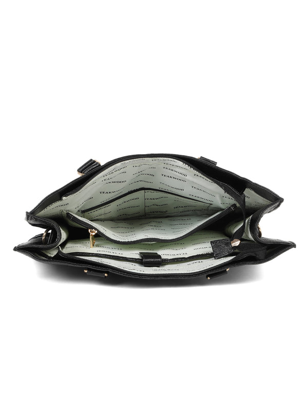 Women's Black Croco & Solid Leather Tote Bag - Image 3