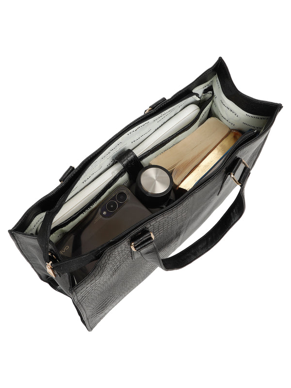 Women's Black Croco & Solid Leather Tote Bag - Image 4