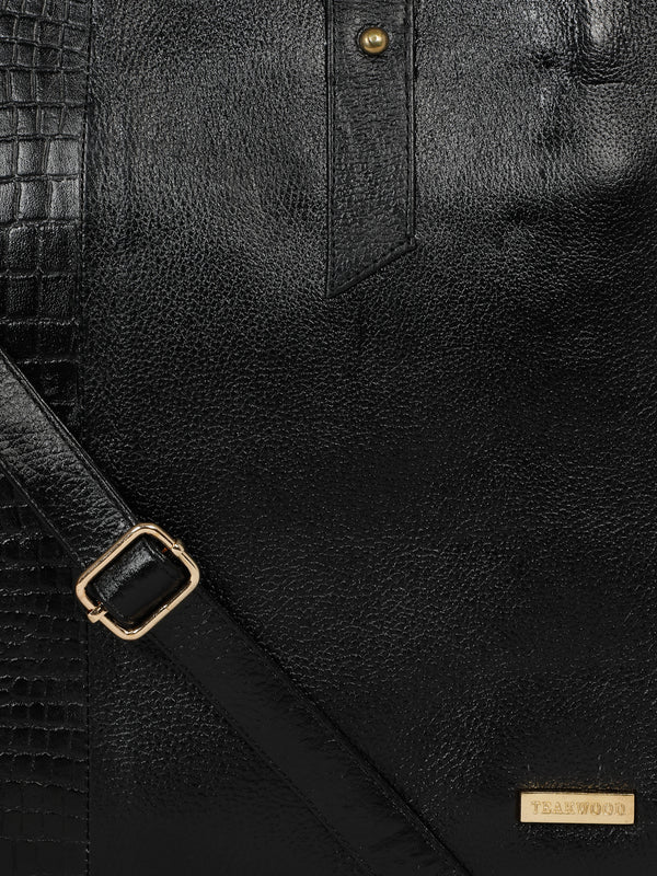 Women's Black Croco & Solid Leather Tote Bag - Image 2