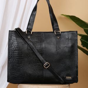 Women's Black Croco & Solid Leather Tote Bag