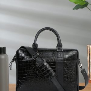 Unisex Black Croco Texture Leather Bag