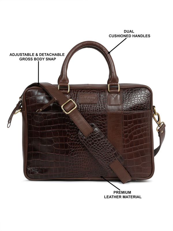 Unisex Brown Croco Texture Leather Bag - Image 2