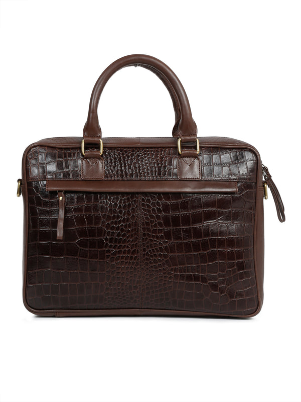 Unisex Brown Croco Texture Leather Bag - Image 4