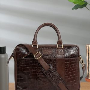 Unisex Brown Croco Texture Leather Bag