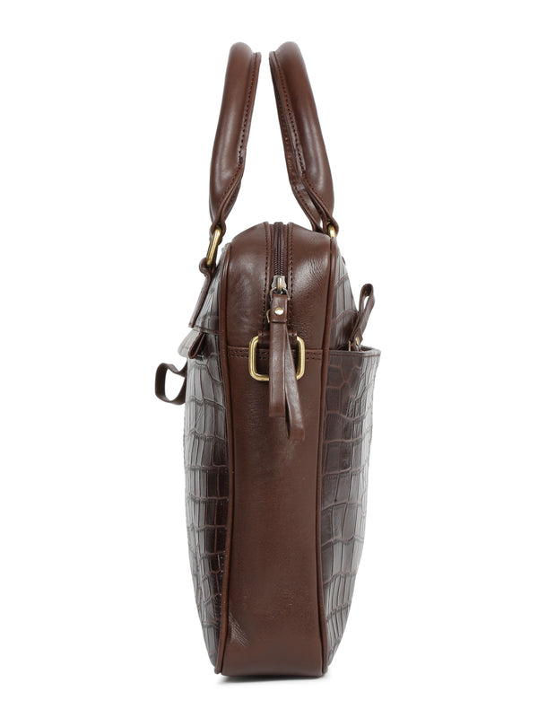 Unisex Brown Croco Texture Leather Bag - Image 5