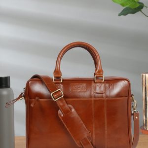 Unisex Tan Solid Leather Bag