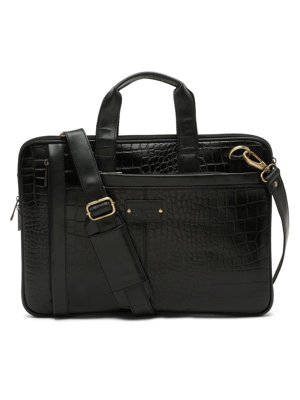 Unisex Black Textured Genuine Leather Laptop Bag - Image 2