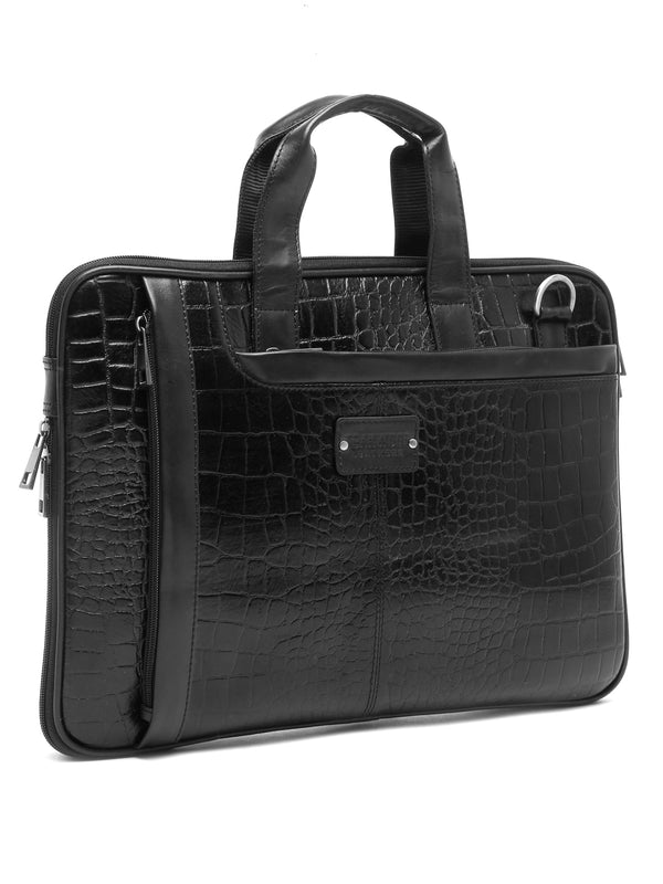 Unisex Black Textured Genuine Leather Laptop Bag - Image 3