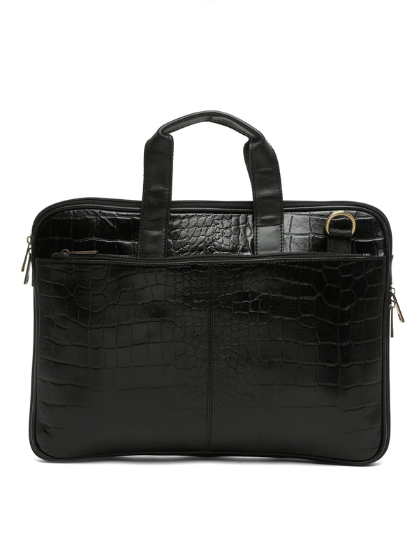 Unisex Black Textured Genuine Leather Laptop Bag - Image 4