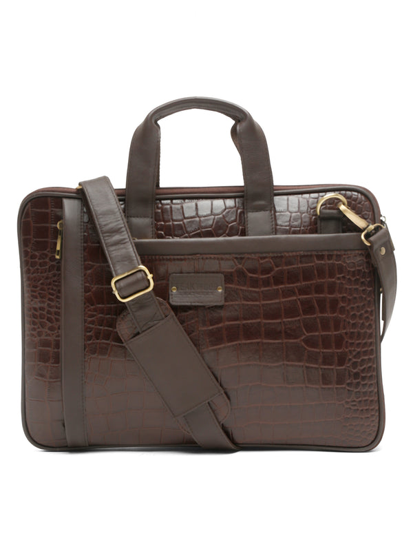 Unisex Brown Textured Genuine Leather Laptop Bag - Image 2