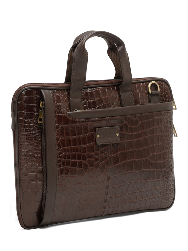 Unisex Brown Textured Genuine Leather Laptop Bag - Image 3