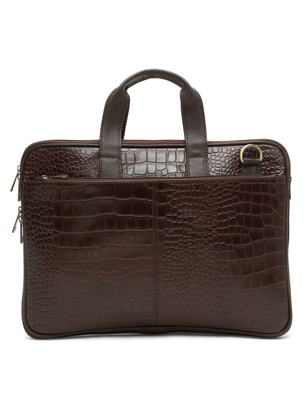 Unisex Brown Textured Genuine Leather Laptop Bag - Image 4