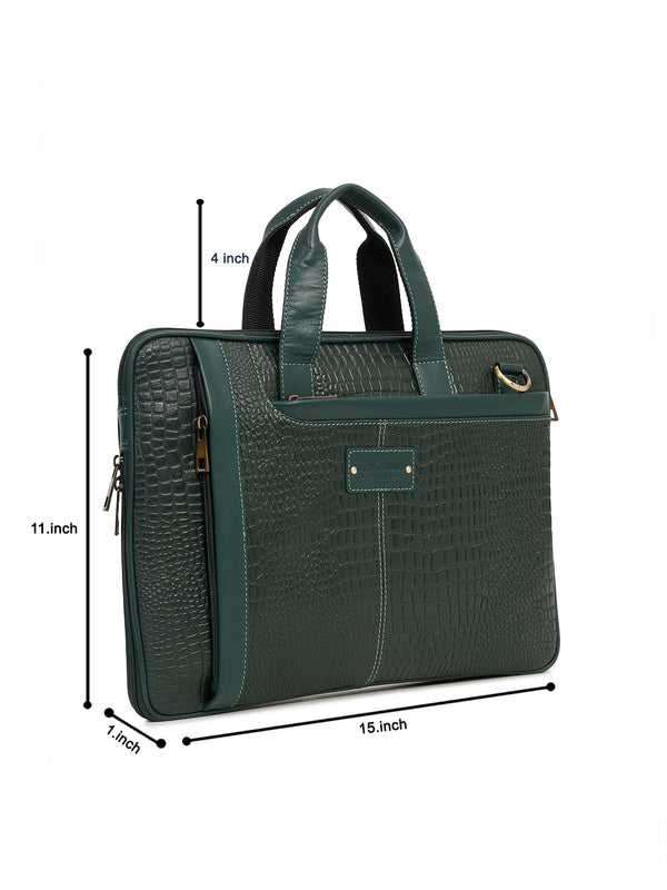 Unisex Green Croco Leather Laptop Bag - Image 2