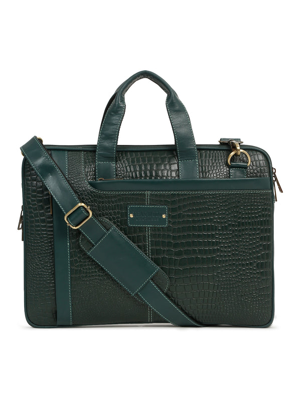 Unisex Green Croco Leather Laptop Bag - Image 3