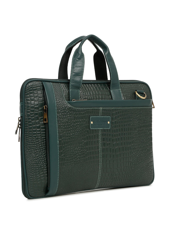 Unisex Green Croco Leather Laptop Bag - Image 5