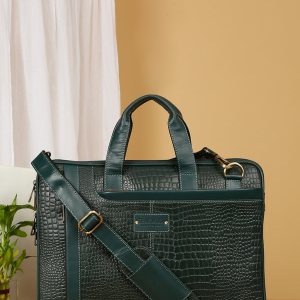 Unisex Green Croco Leather Laptop Bag