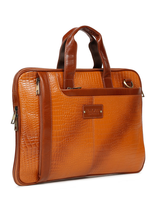 Unisex Tan Croco Leather Laptop Bag - Image 3