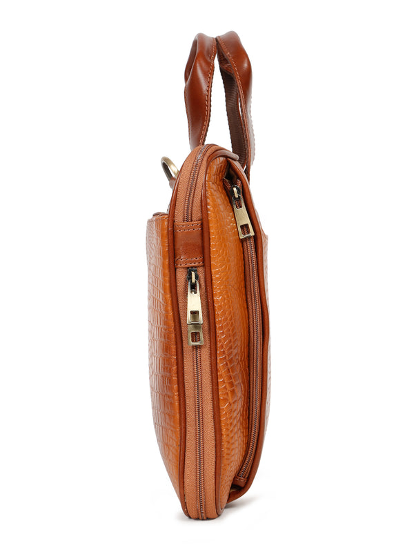 Unisex Tan Croco Leather Laptop Bag - Image 4