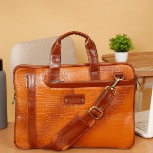 Unisex Tan Croco Leather Laptop Bag