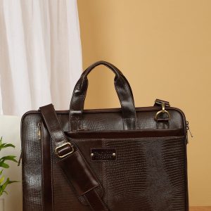 Unisex Brown Lizard Leather Structured laptop Bag