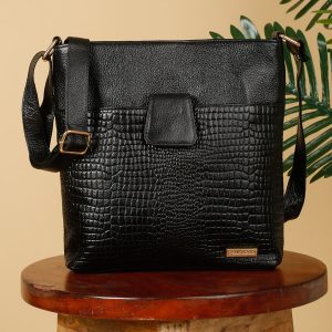 Women Black Leather Croco Pattern Side Bag