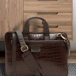 Unisex Brown Textured Genuine Leather Laptop Bag