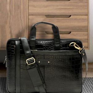 Unisex Black Textured Genuine Leather Laptop Bag